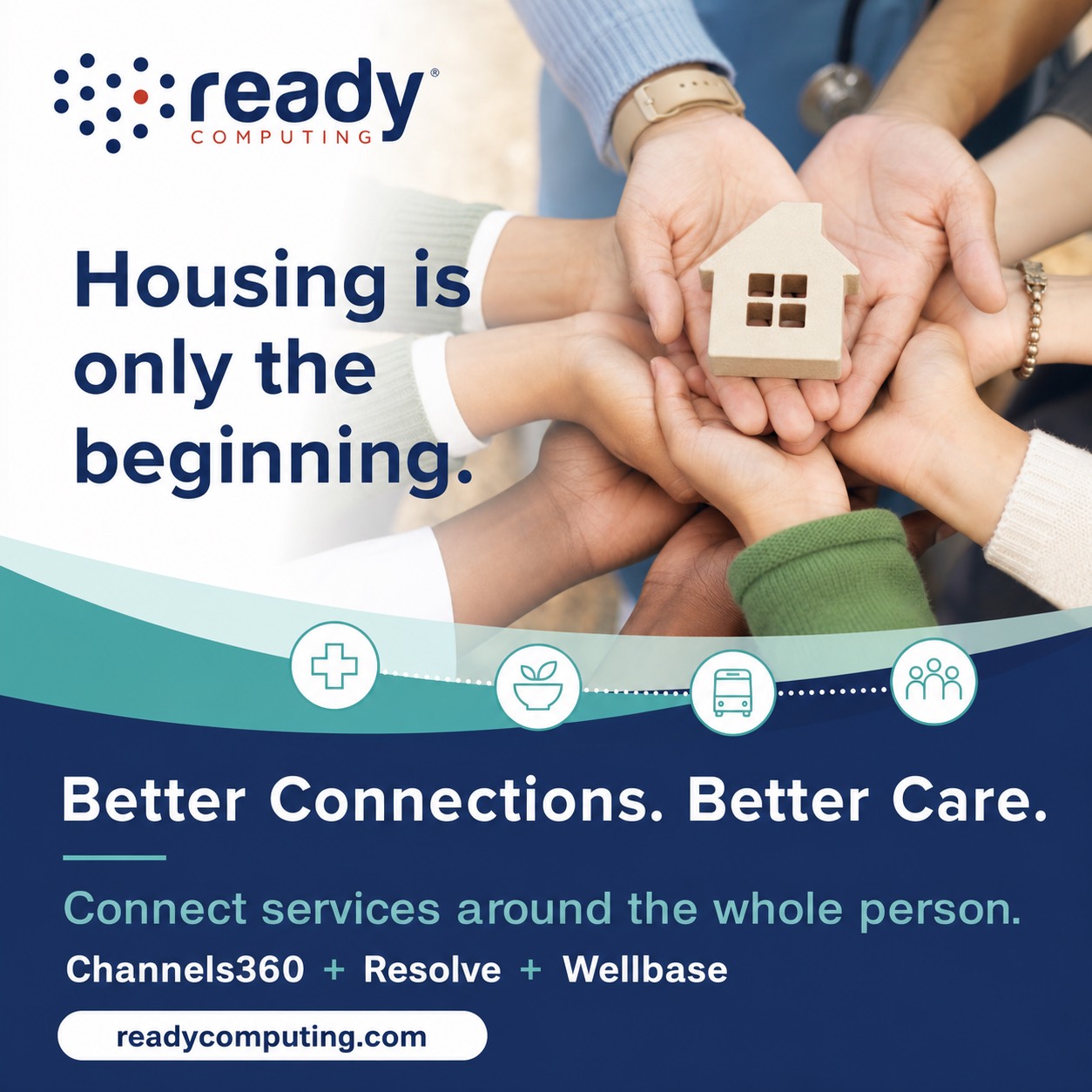 Multiple hands supporting a home to represent whole-person services